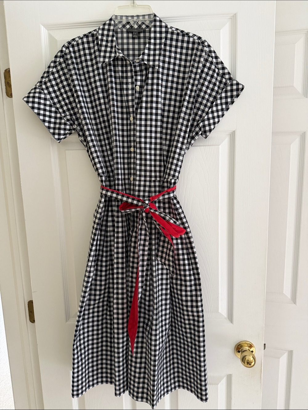 Talbots Black and White Gingham Midi Shirt Dress with Red Lined Belt